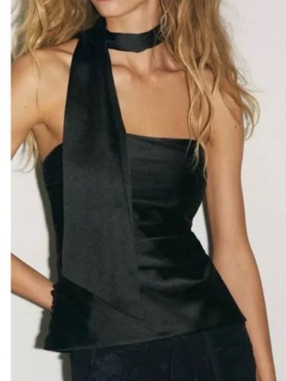 Zara Black Satin One-Shoulder Halter Top